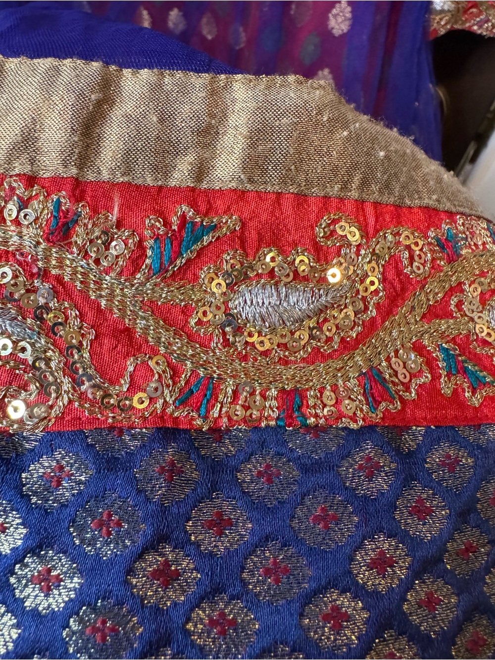 Handmade Royal Blue Red Anarkali Kurti Dress Sheer Sleeves Brocade Small 41" - Picture 7 of 9